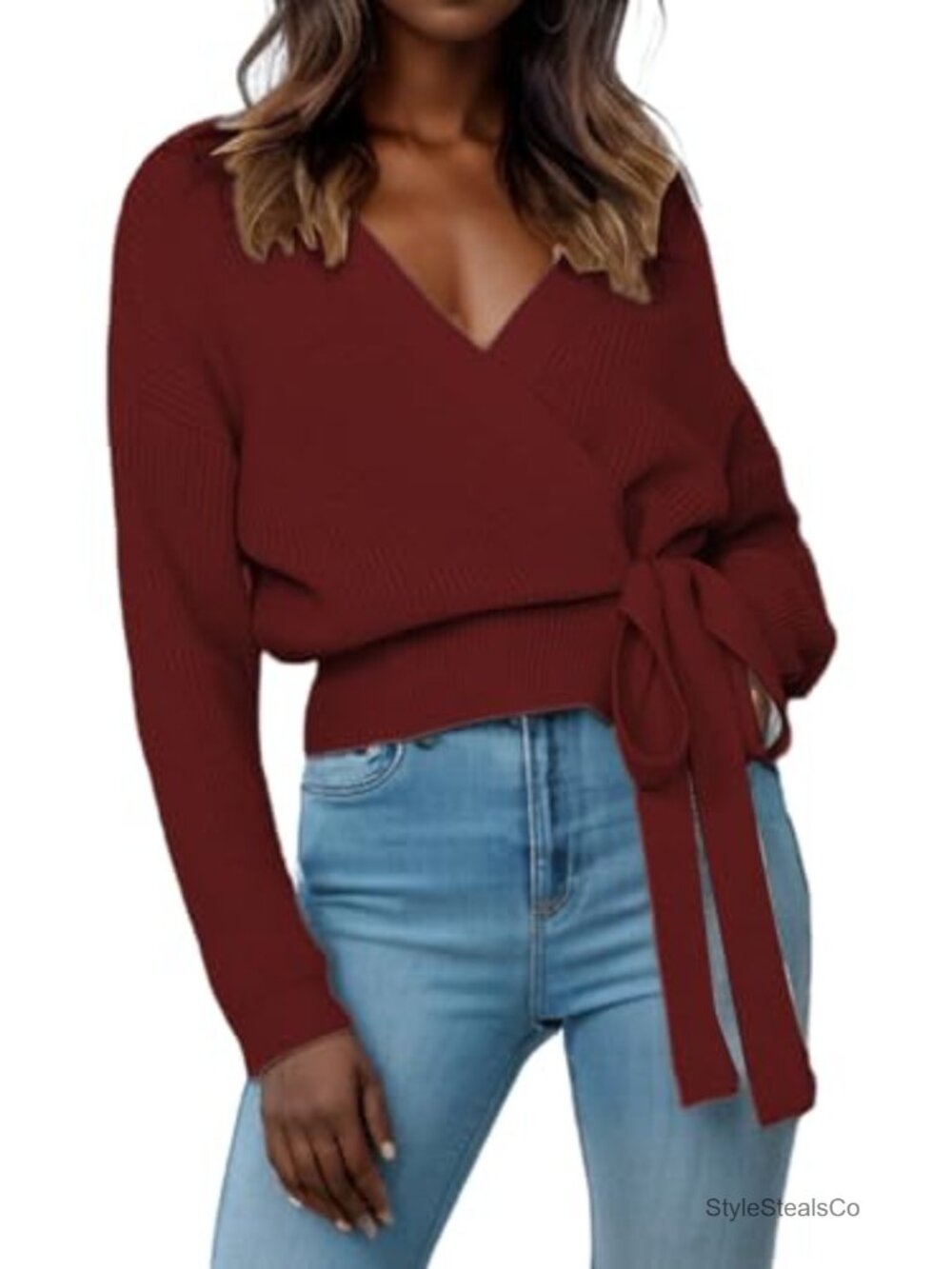 Women's V Neck Wrap Sweater Cropped Tie Front Pullover
